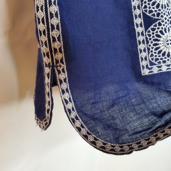 Vineyard Vines Linen Dress Sz 2 Embroidered V Neck Navy Blue White Cap Sleeves - Picture 7 of 7